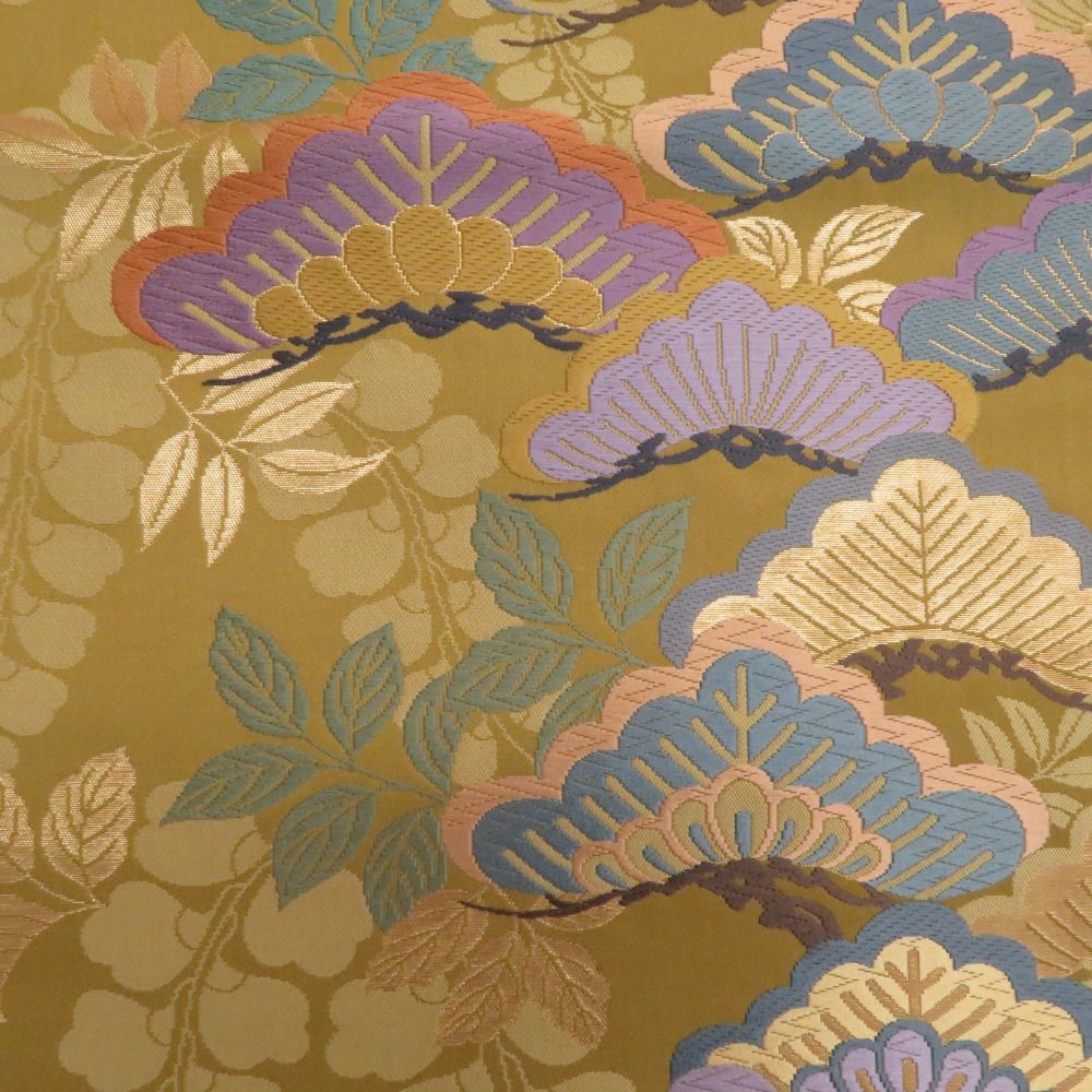 袋帯 正絹 唐織調 辛子色x金色x紫色x多色 松に藤紋様 金糸 六通柄