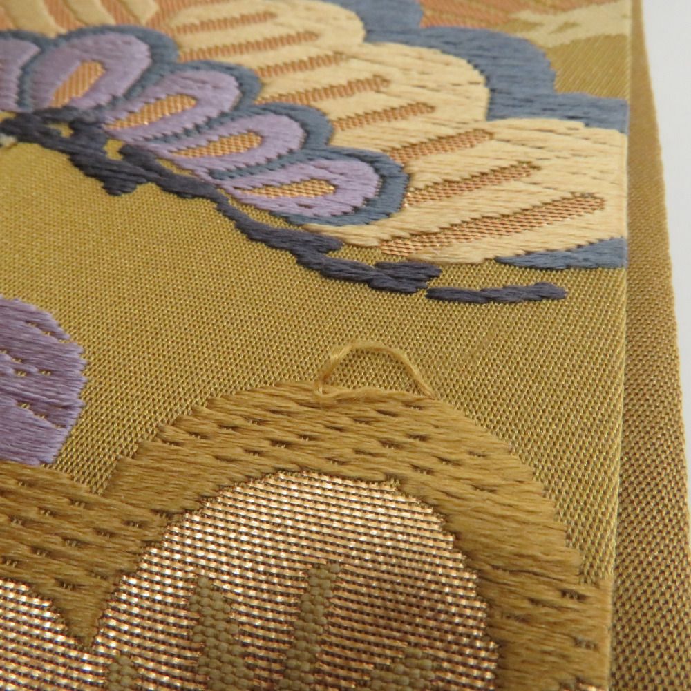 袋帯 正絹 唐織調 辛子色x金色x紫色x多色 松に藤紋様 金糸 六通柄