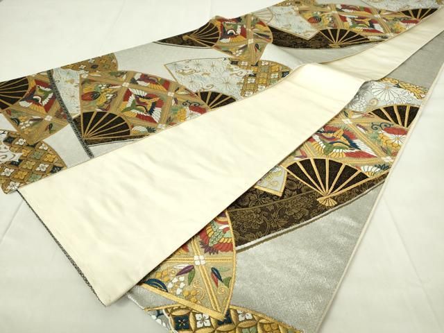 平和屋着物◎六通柄袋帯 唐織 扇面花鳥文 鶴 金銀糸 正絹 逸品