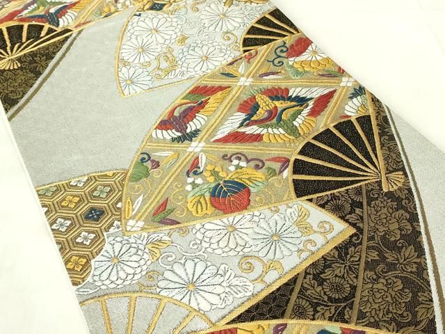 平和屋着物◎六通柄袋帯 唐織 扇面花鳥文 鶴 金銀糸 正絹 逸品