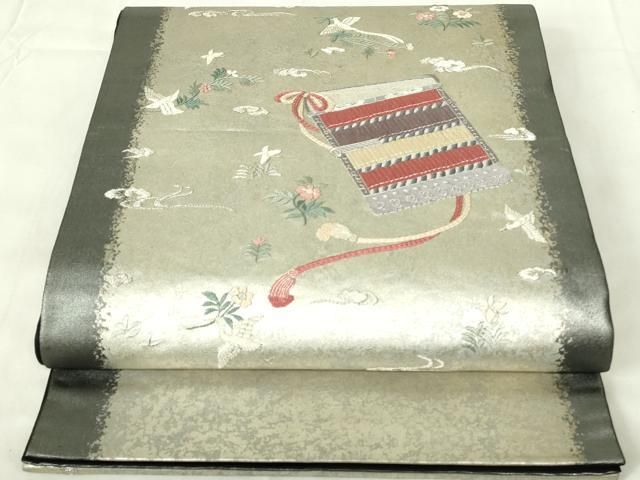 平和屋着物◎六通柄袋帯 総刺繍 駒刺繍 鎧縅花鳥文 銀糸 引箔 正絹