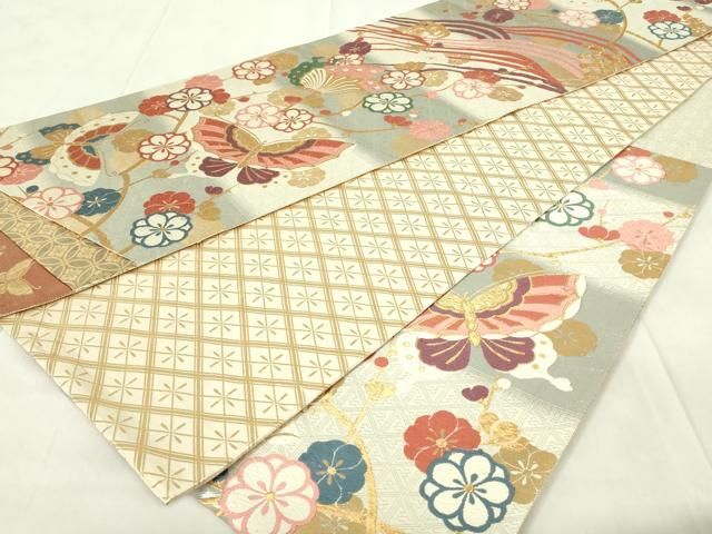 平和屋着物◎佐賀錦 両面 六通柄袋帯 花蝶文 金銀糸 正絹 逸品