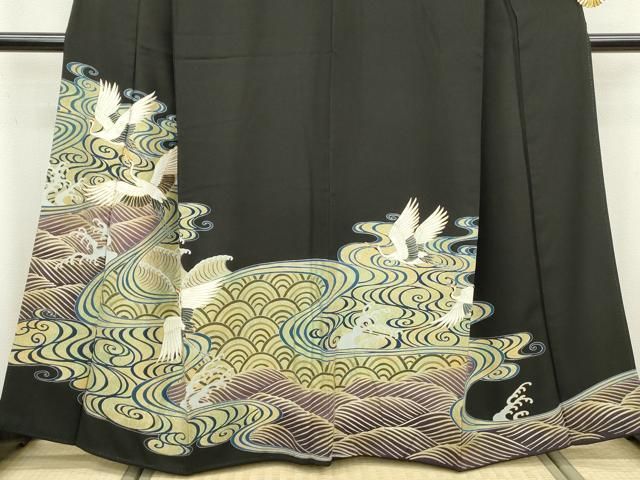 平和屋着物□豪華黒留袖 駒刺繍 立波飛鶴文 金彩 正絹 逸品 DABA3474qa