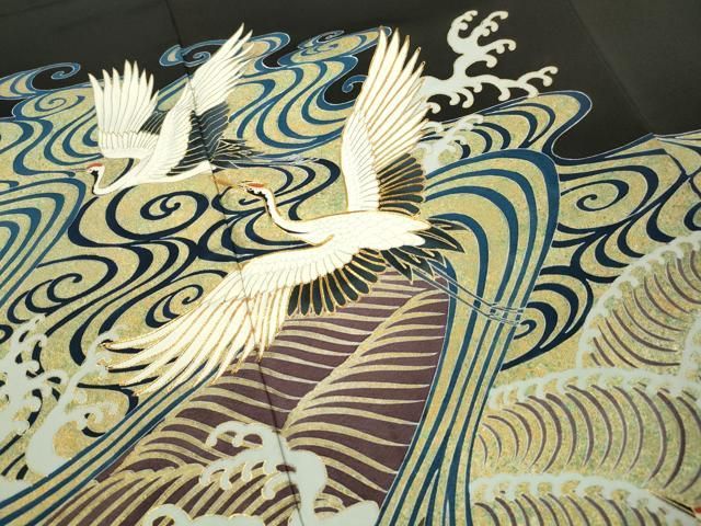 平和屋着物□豪華黒留袖 駒刺繍 立波飛鶴文 金彩 正絹 逸品 DABA3474qa