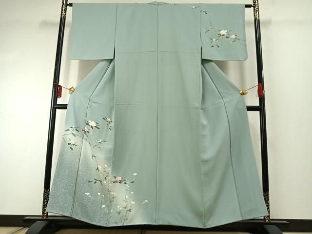 平和屋着物●上質な色無地　枝葉南天地紋　花緑青色　正絹　逸品　未使用　DAAY5627ud 平和屋着物○上質な色無地 枝葉南天地紋 花緑青色 正絹 逸品