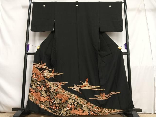 平和屋着物▽豪華黒留袖　単衣　駒刺繍　寿字文　金糸　金彩　正絹　逸品　AABB8026jh 平和屋着物□豪華黒留袖 駒刺繍 飛鶴松竹梅文 金彩 正絹 逸品