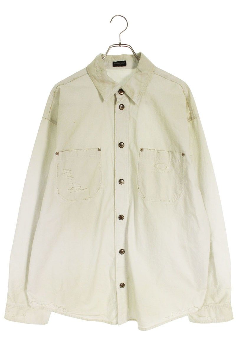 バレンシアガ サイズ:S  831349 TSP01 ロゴ刺繍ヴィンテージ加工長袖シャツ 中古 SB01 バレンシアガ 831349 TSP01 ロゴ刺繍ヴィンテージ加工長袖シャツ