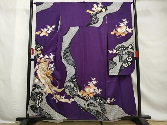 (あ862)アンティーク大振袖㊗️紫に金の幾何学模様 総刺繍✨️③点セット 平和屋着物□豪華振袖 絞り 刺繍 流水几帳花鼓文 金銀糸 金彩 やまと誂