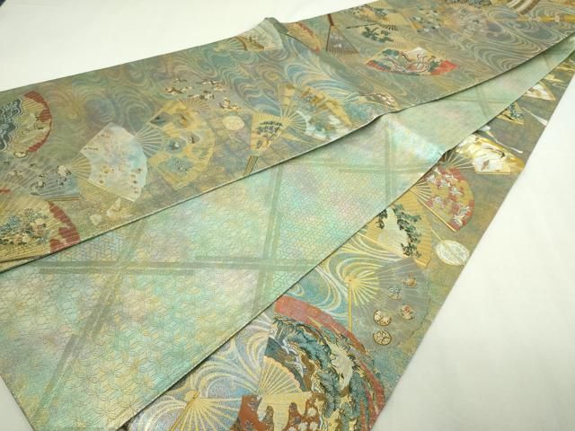 平和屋本店▽西陣あさぎ 全通全景柄袋帯 徳川美術館秘蔵 能楽百扇 24