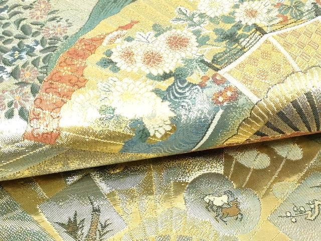 平和屋本店▽西陣あさぎ 両面 全通全景柄袋帯 徳川美術館秘蔵 能楽百扇