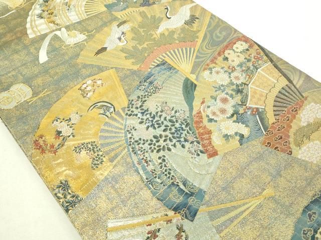 平和屋本店▽西陣あさぎ 両面 全通全景柄袋帯 徳川美術館秘蔵 能楽百扇