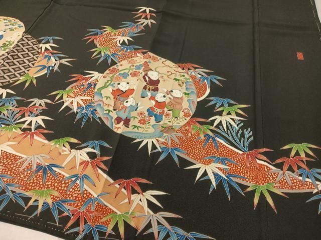 平和屋着物●本加賀友禅作家　稲荷茂雄　黒留袖　手描き　唐子遊び　金彩　正絹　逸品　未使用　CABB4971vp 平和屋着物○本加賀友禅作家 稲荷茂雄 黒留袖 手描き 唐子遊び 金彩