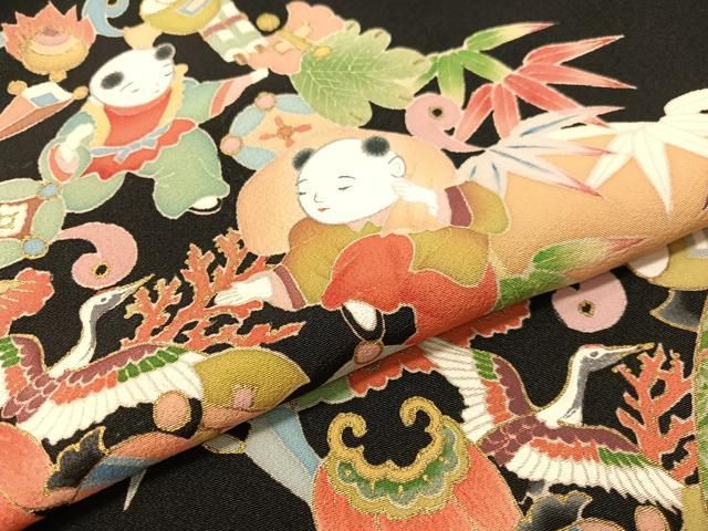平和屋着物●本加賀友禅作家　稲荷茂雄　黒留袖　手描き　唐子遊び　金彩　正絹　逸品　未使用　CABB4971vp 平和屋着物○本加賀友禅作家 稲荷茂雄 黒留袖 手描き 唐子遊び 金彩