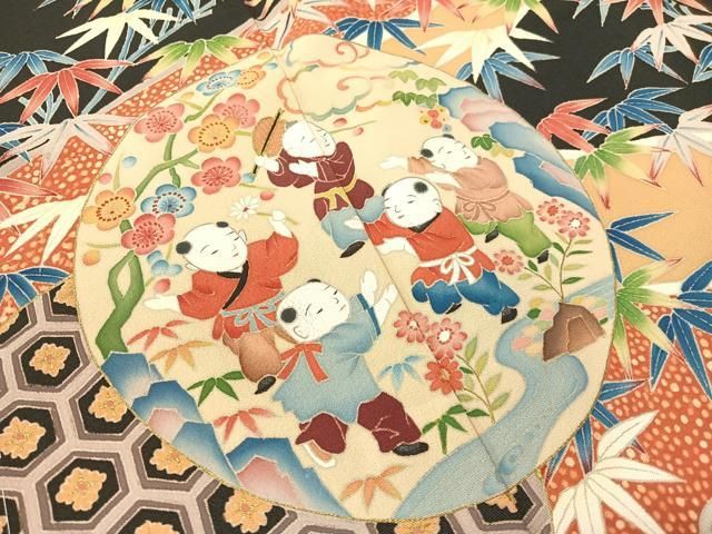 平和屋着物●本加賀友禅作家　稲荷茂雄　黒留袖　手描き　唐子遊び　金彩　正絹　逸品　未使用　CABB4971vp 平和屋着物○本加賀友禅作家 稲荷茂雄 黒留袖 手描き 唐子遊び 金彩