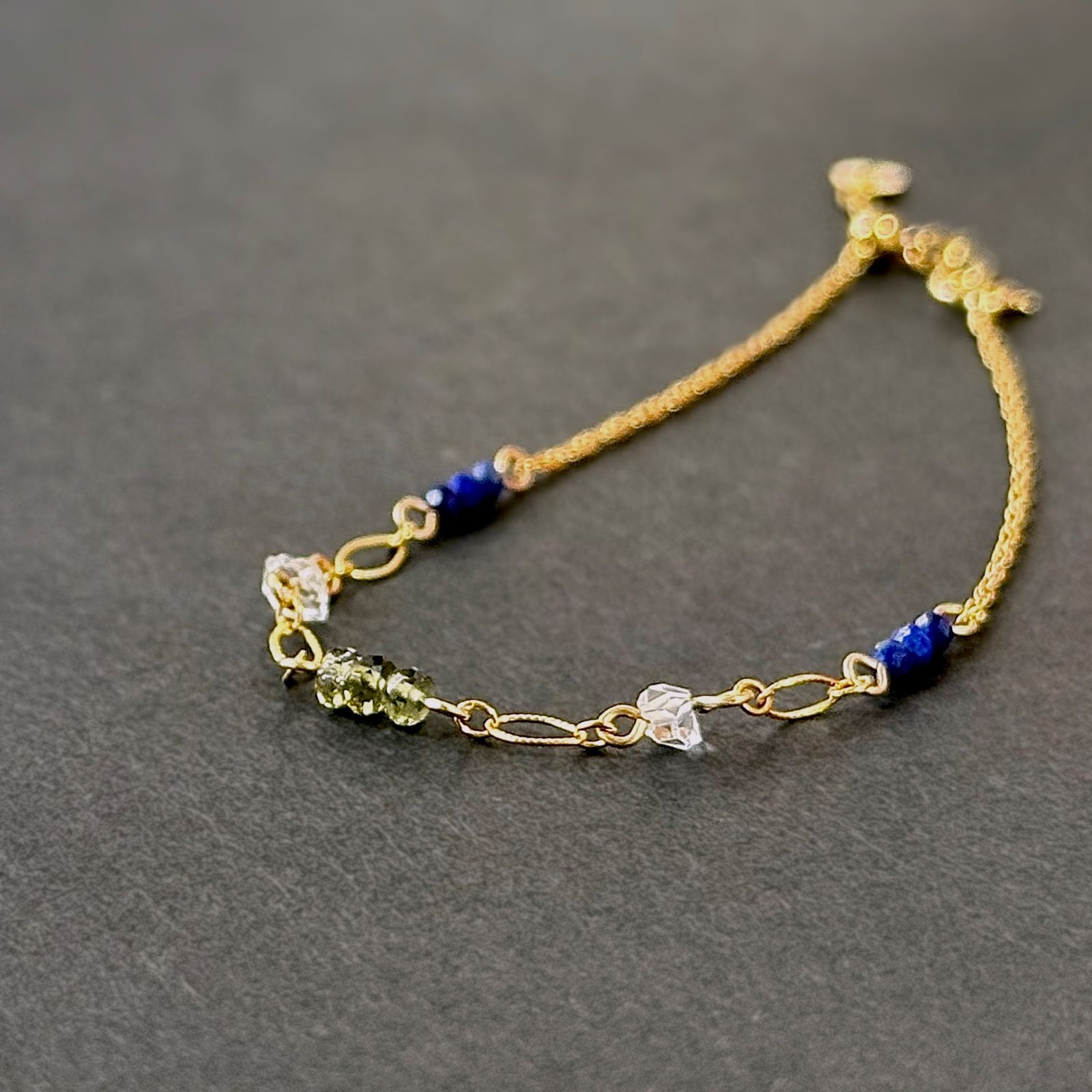 14kgfブレスレット　ブルーハーキマー 14kgf 宝石質AAAグレード モルダバイトとハーキマーダイヤモンド