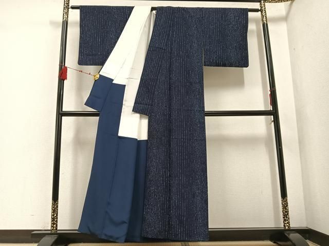 平和屋着物○上質な小紋 本藍 ろうけつ染 間道 正絹 逸品 AABF0026ph