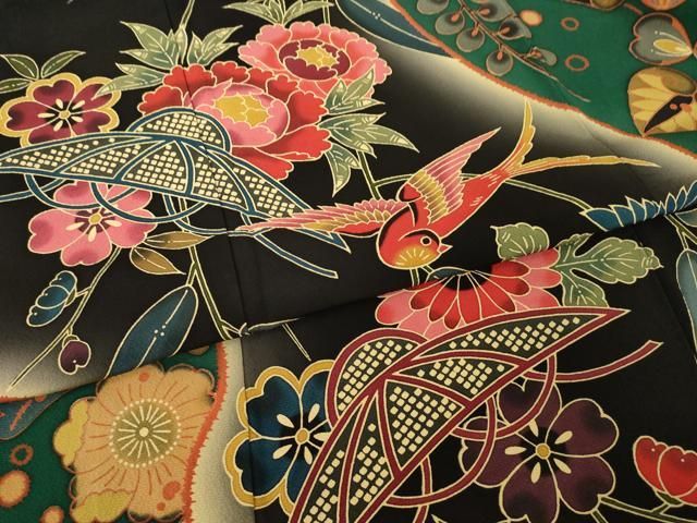 正絹　振袖　手ざし　京紅型　宮崎良次　風景花鳥蝶文　暈し染め　長襦袢付き 平和屋着物○手ざし京紅型染・宮崎紅型 宮崎良次 振袖 飛