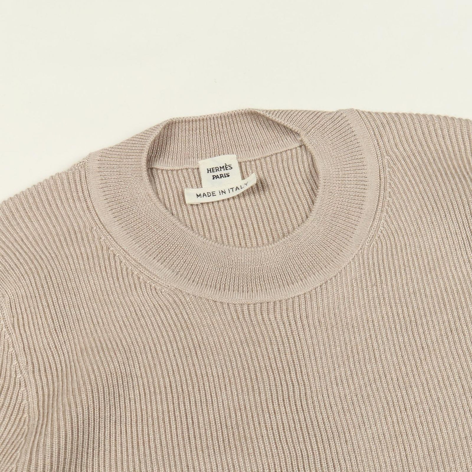 値下げ　HERMES　シルクカシミア ベージュ長袖ニット エルメス HERMES ニット カレーシュ刺繡 ベージュ シルク カシミヤ