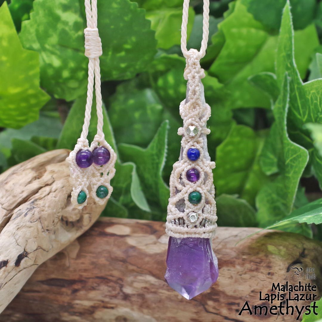 聖なる紫石『アメジスト』ダガーポイントマクラメ編トップネックレス