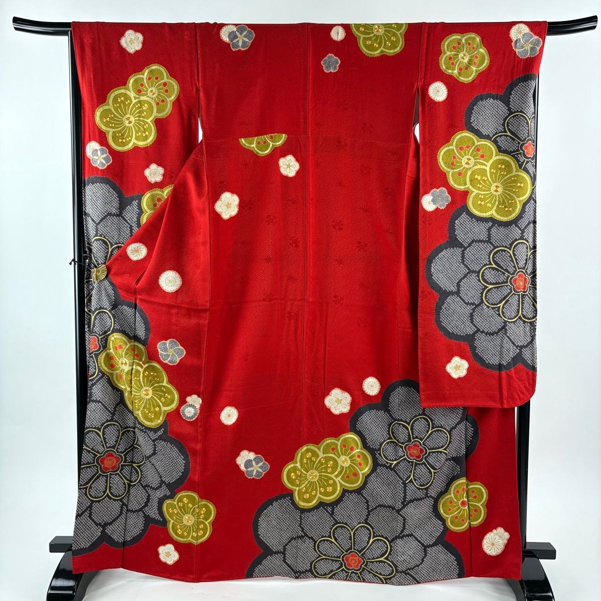 振袖 身丈165cm 裄丈66.5cm M 袷 袋帯フルセット 梅 菊 金糸 絞り 赤