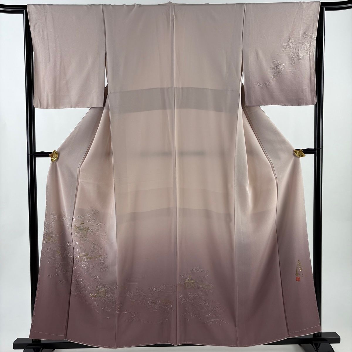 未使用ヴィンテージ貝桶刺繍 しつけ付 紗綾型地紋 絞り 155 64 付下 紫 しつけ付き 手刺繍×絞り 付下げ訪問着 正絹着物 トールサイズ裄丈70