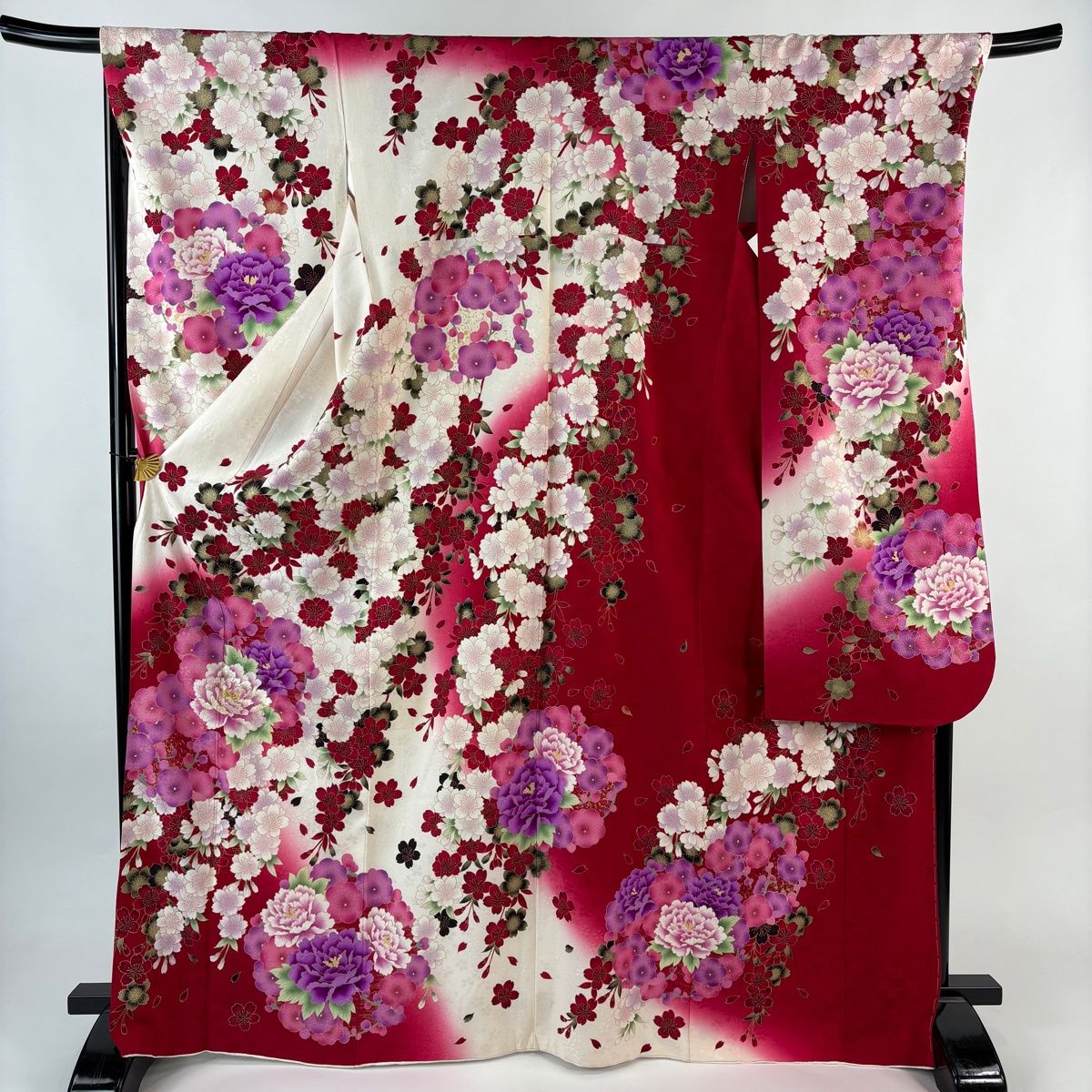 振袖 身丈168cm 裄丈69cm L 袷 牡丹 桜 刺繍 箔 赤 正絹 名品 【中古