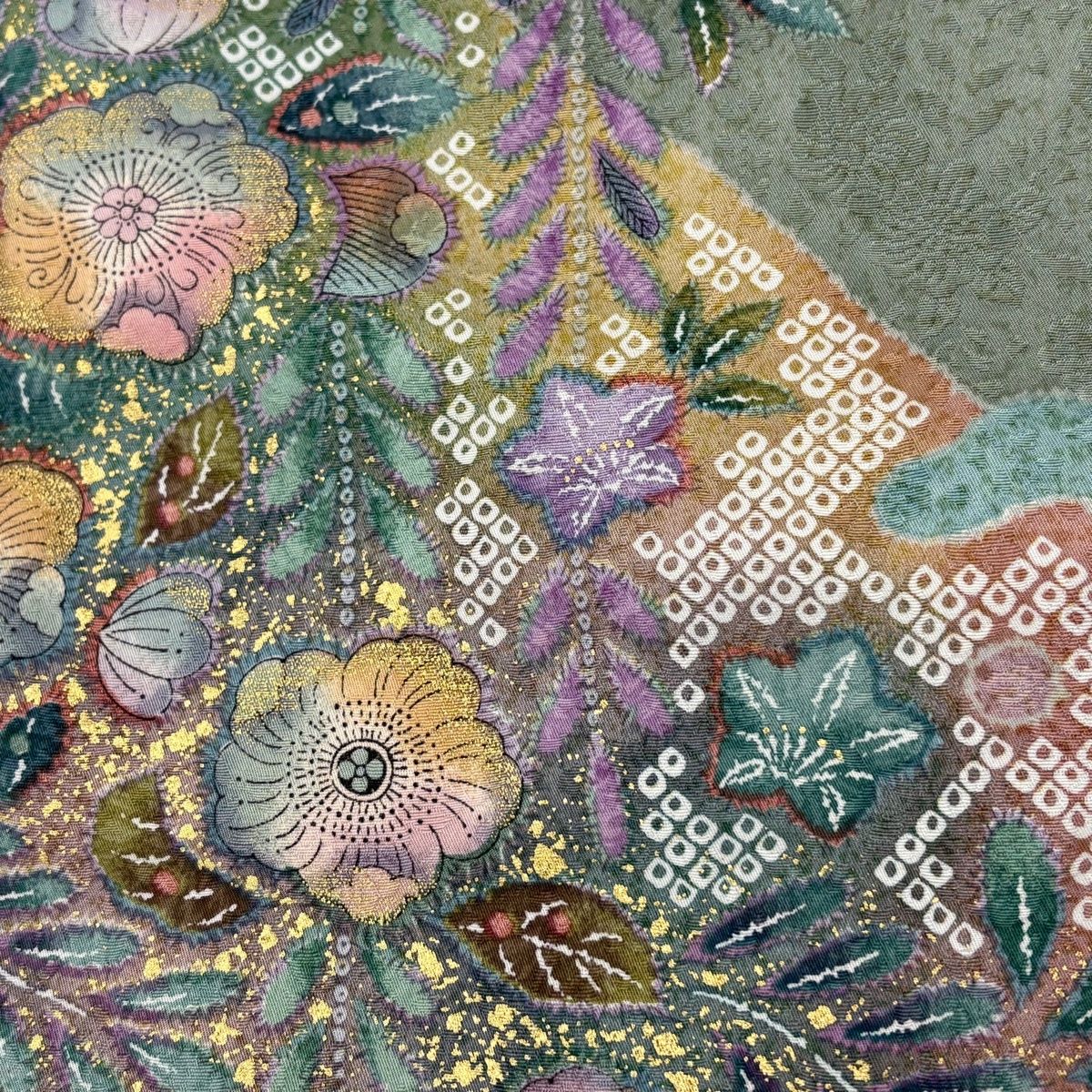 美品】 訪問着 身丈161cm 裄丈67.5cm L 袷 辻が花柄 鴛鴦 金彩