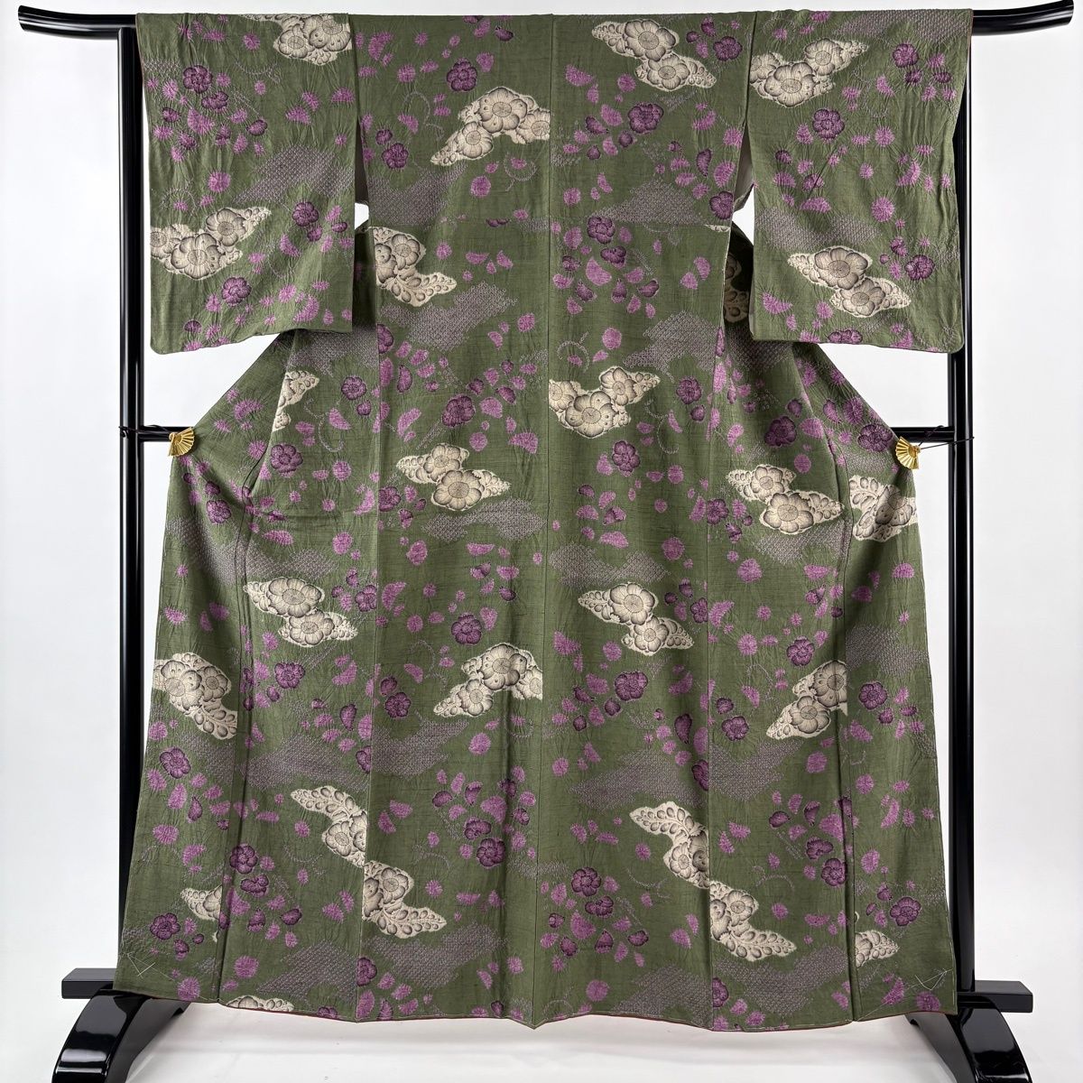 美品】 小紋 身丈163.5cm 裄丈64.5cm M 袷 紬地 辻が花柄 絞り 深緑