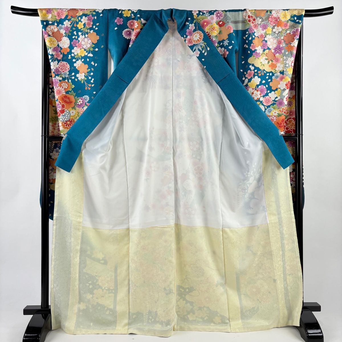 振袖 身丈167cm 裄丈68cm L 袷 松竹梅 菊 銀通し 金糸 青緑 正絹 逸品 