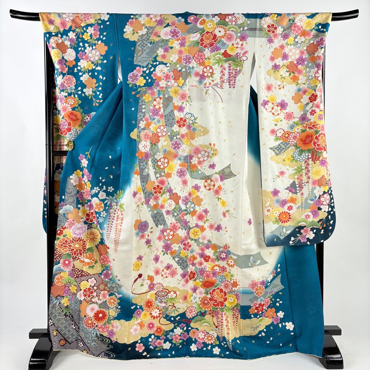 振袖 身丈167cm 裄丈68cm L 袷 松竹梅 菊 銀通し 金糸 青緑 正絹 逸品