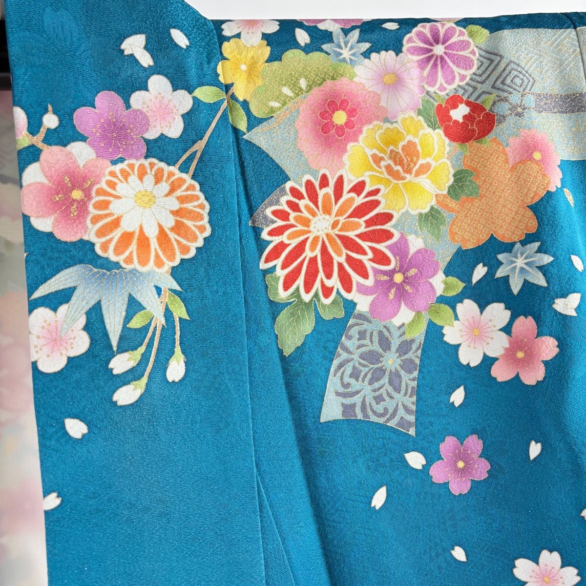 振袖 身丈167cm 裄丈68cm L 袷 松竹梅 菊 銀通し 金糸 青緑 正絹 逸品 