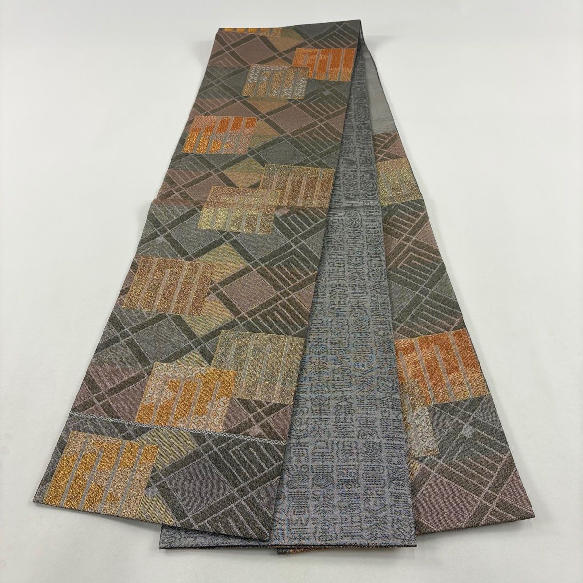 美品】 袋帯 名品 源氏香 有職文様 金銀糸 箔 灰色 六通 正絹 【中古