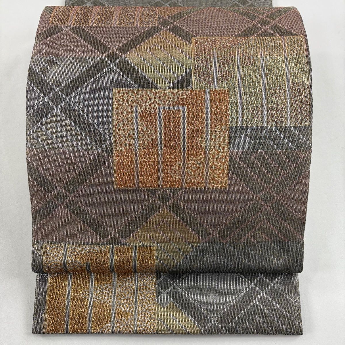 美品】 袋帯 名品 源氏香 有職文様 金銀糸 箔 灰色 六通 正絹 【中古