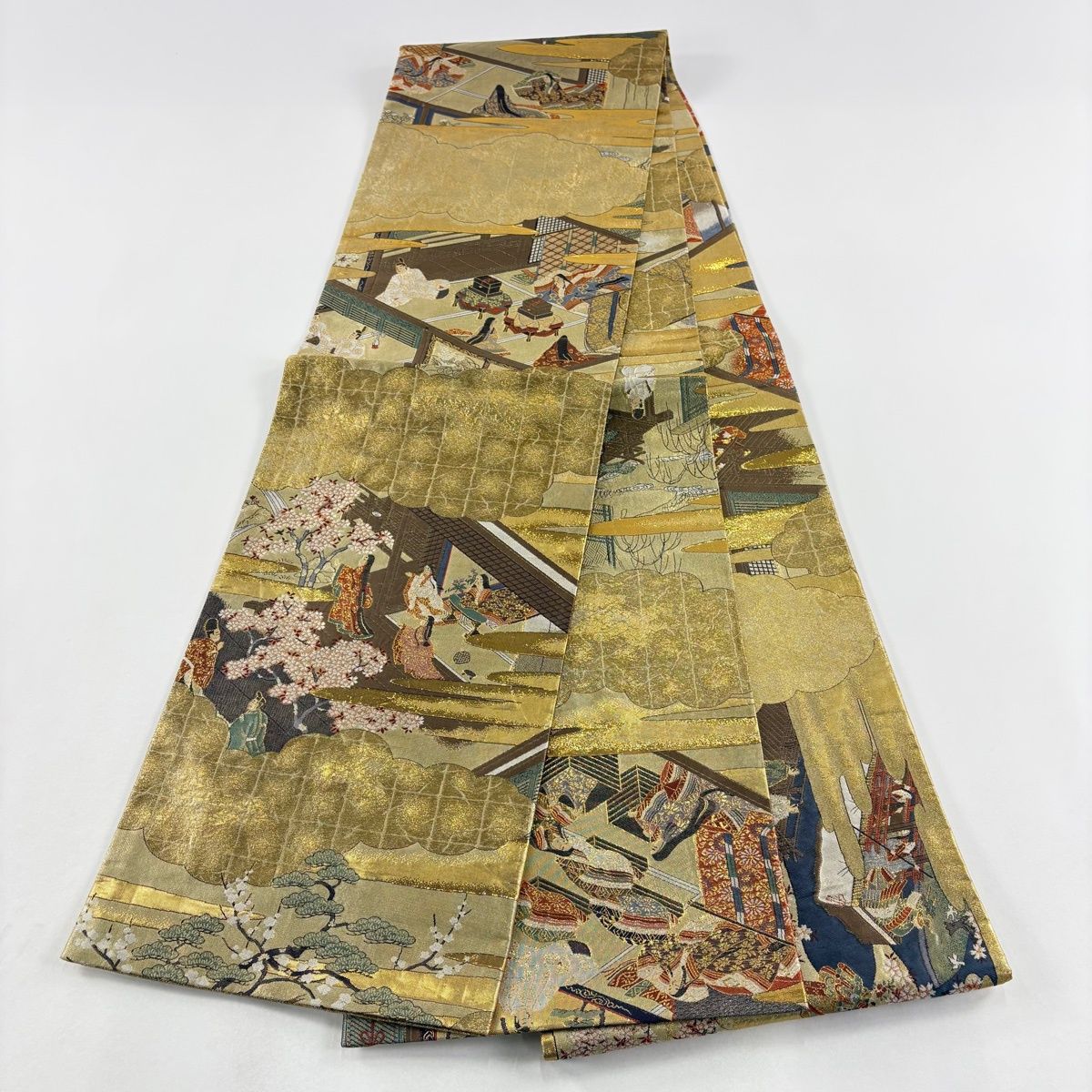 本金箔全通丸帯 美品】 注文 丸帯 名品 源氏絵 箔 金色 全通 正絹 【】 在庫一掃