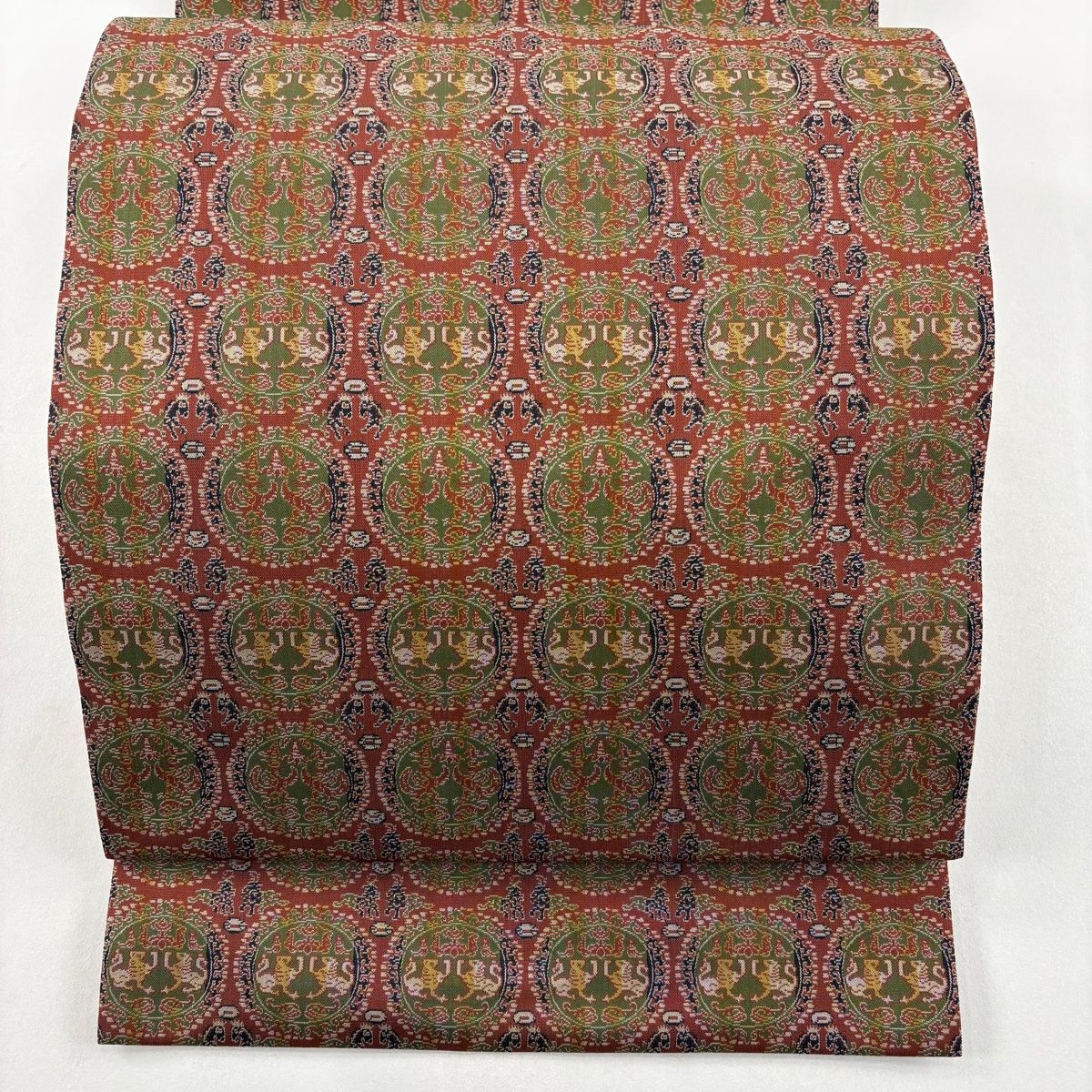 美品】 開き名古屋帯 名品 証紙 龍村美術織物 円文白虎朱雀錦 赤茶