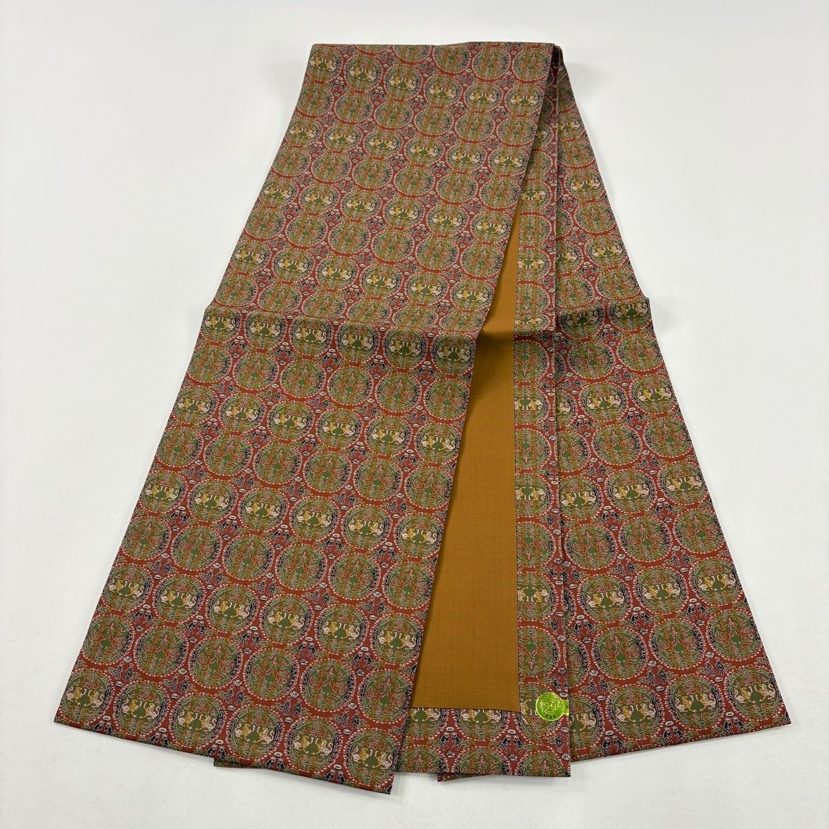 美品】 開き名古屋帯 名品 証紙 龍村美術織物 円文白虎朱雀錦 赤茶