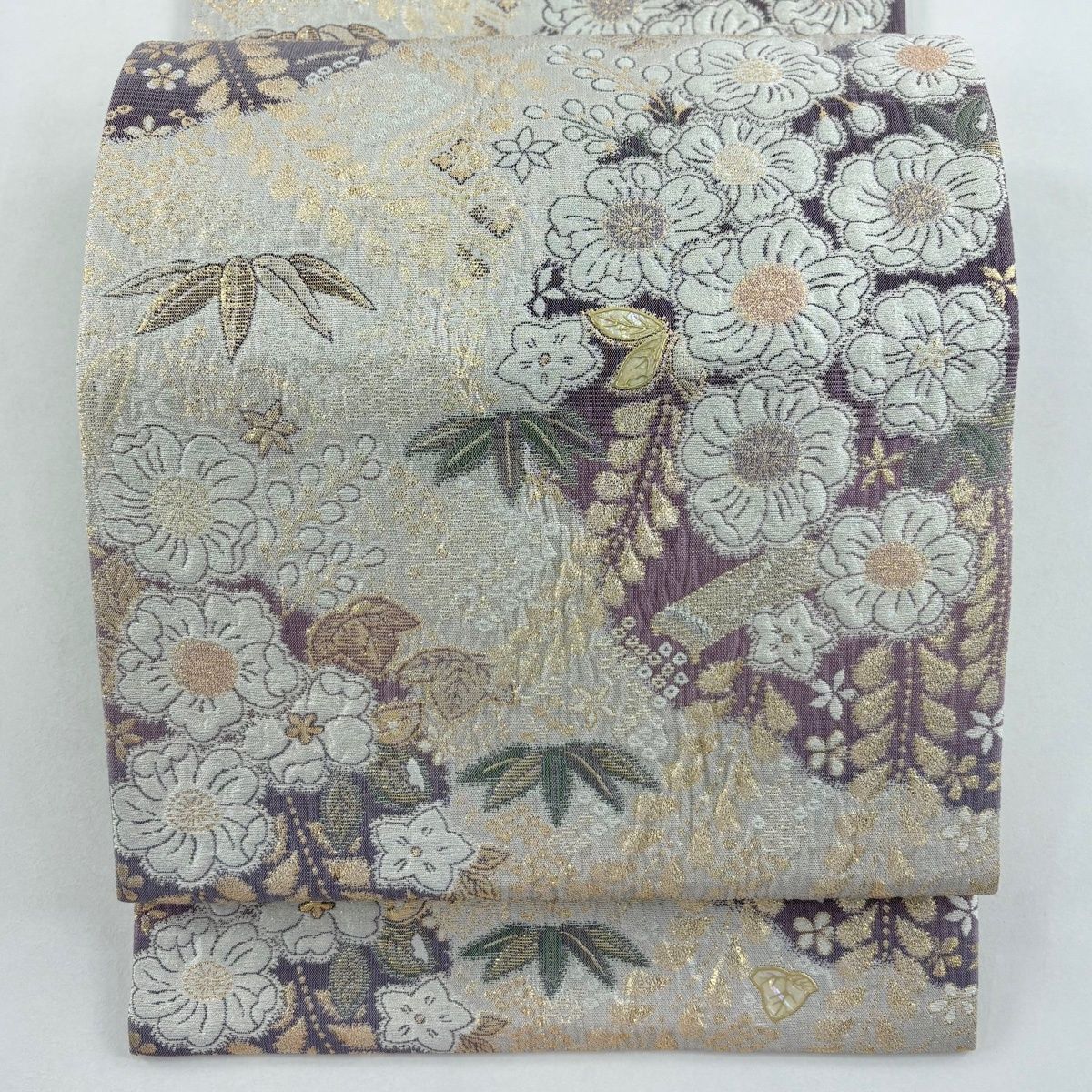 美品】 袋帯 名品 やまと 草花 笹 螺鈿 箔 灰紫 お太鼓柄 正絹 【中古