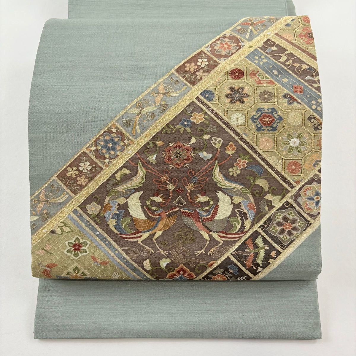 美品 秀品 紬地 鳥 草花 【ベルベット】 茜色 お太鼓柄 正絹 【中古】 ?