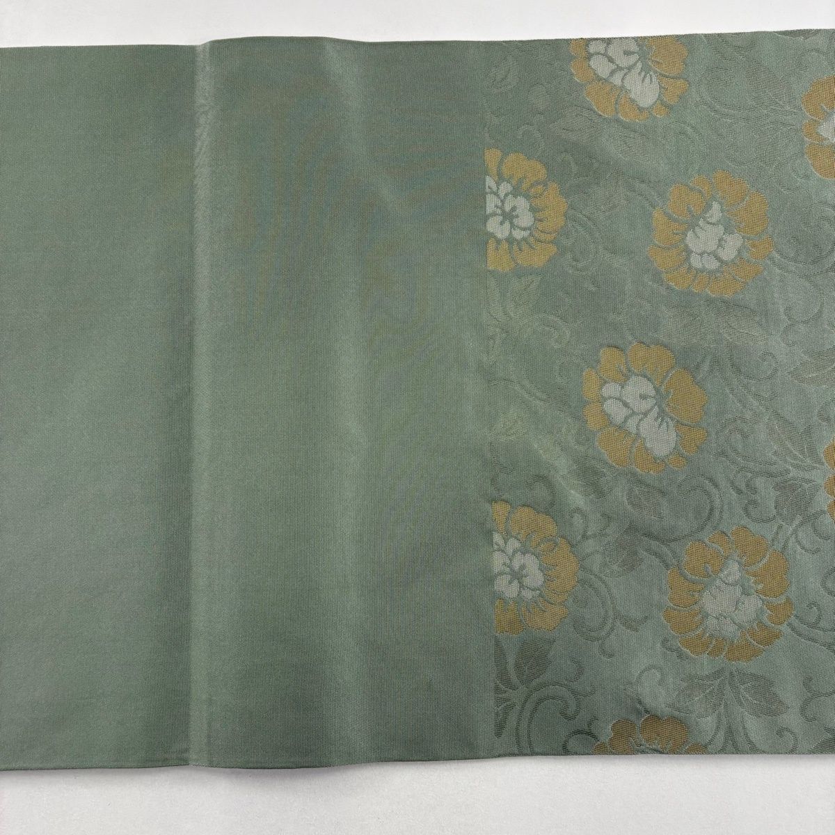 美品】 袋帯 名品 川島織物 落款 関西仕立て 花唐草 金銀糸 灰緑 六通
