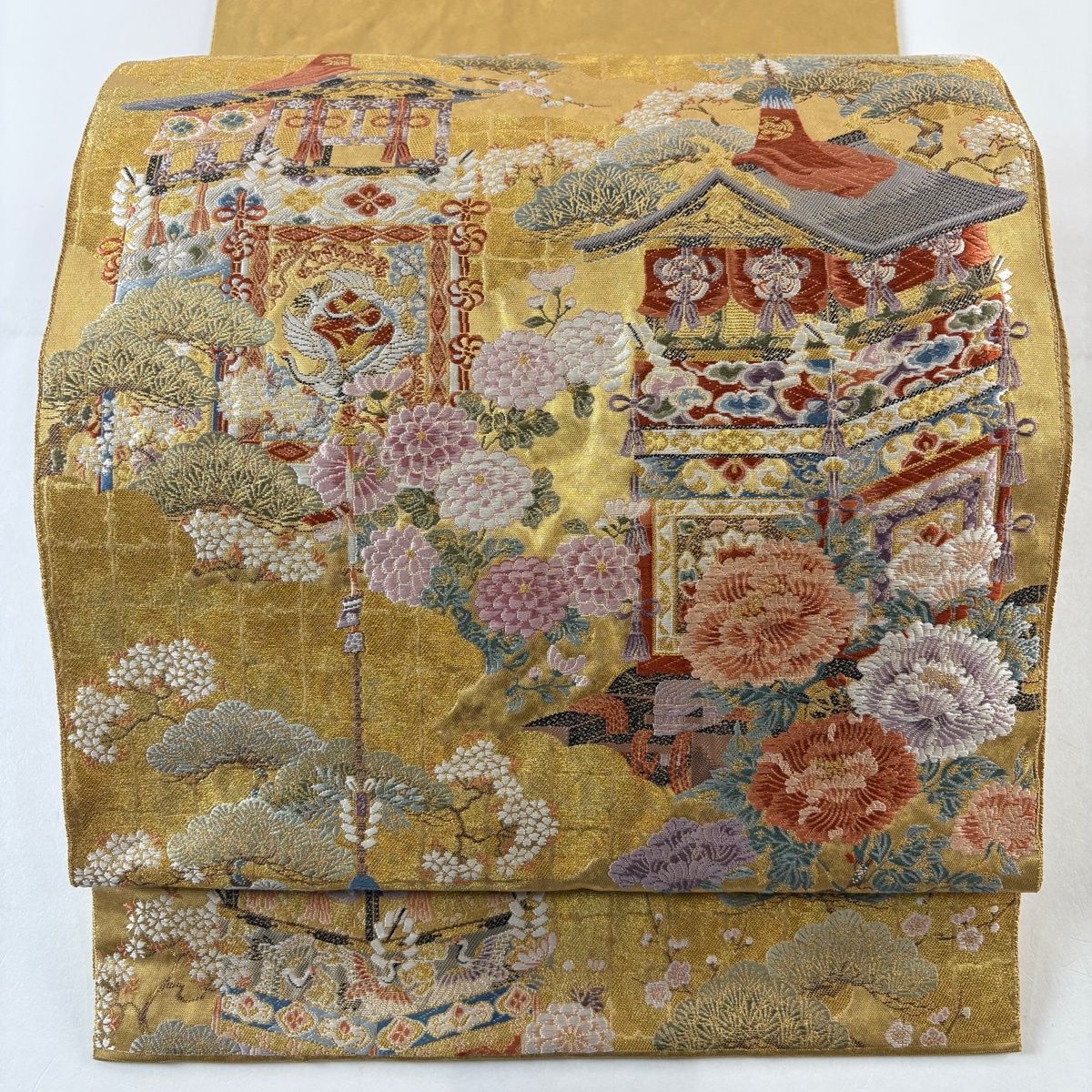 袋帯 逸品 長嶋成織物 落款 関西仕立て 瀞金錦 山鉾 花鳥 刺繍 本金箔