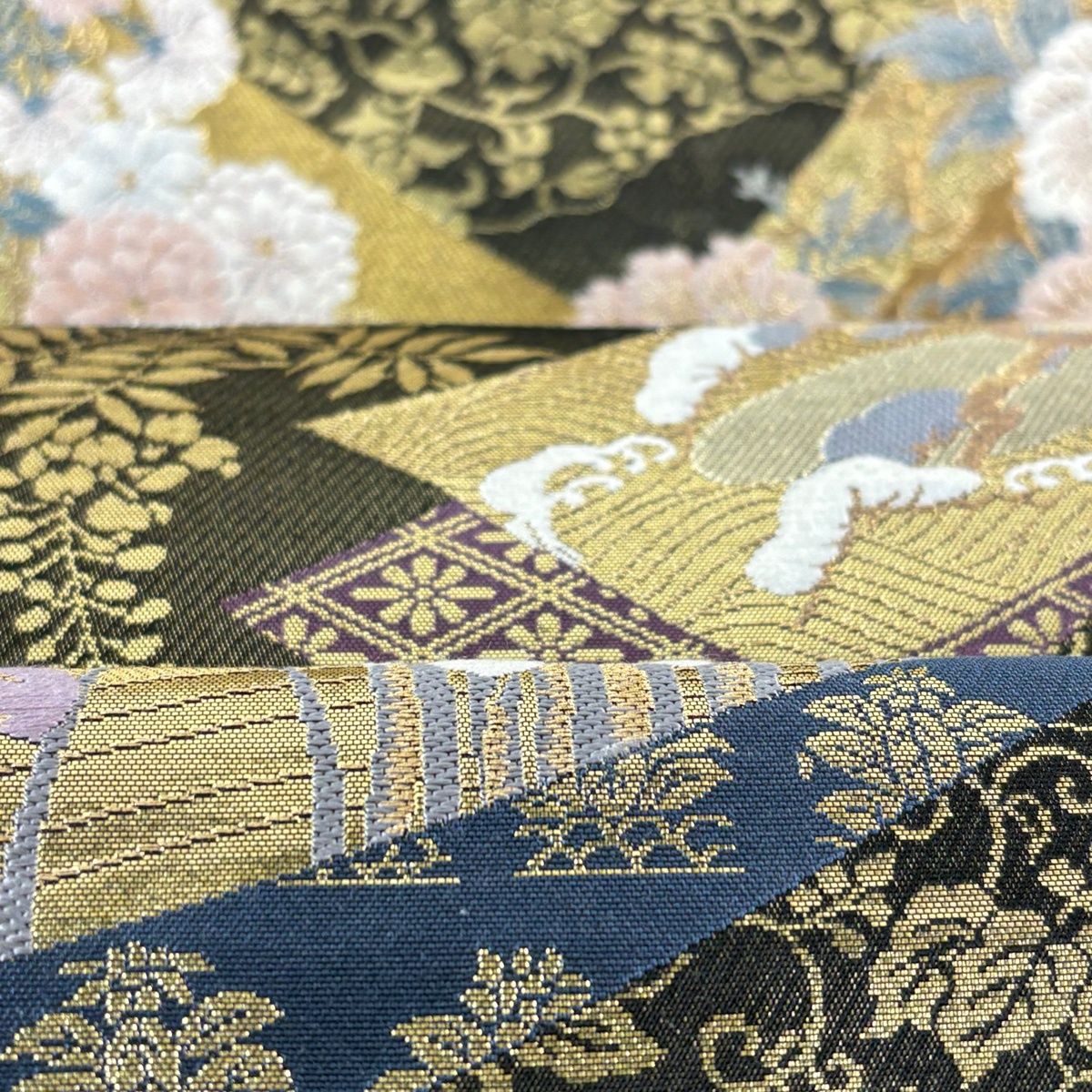 ZF-1141 袋帯 作家物 落款 刺繍 金箔 太鼓柄 正絹 逸品 美品】 袋帯 名品 じゅらく 落款 帝王紫 鳥丸文 雪輪 金糸 箔 金色