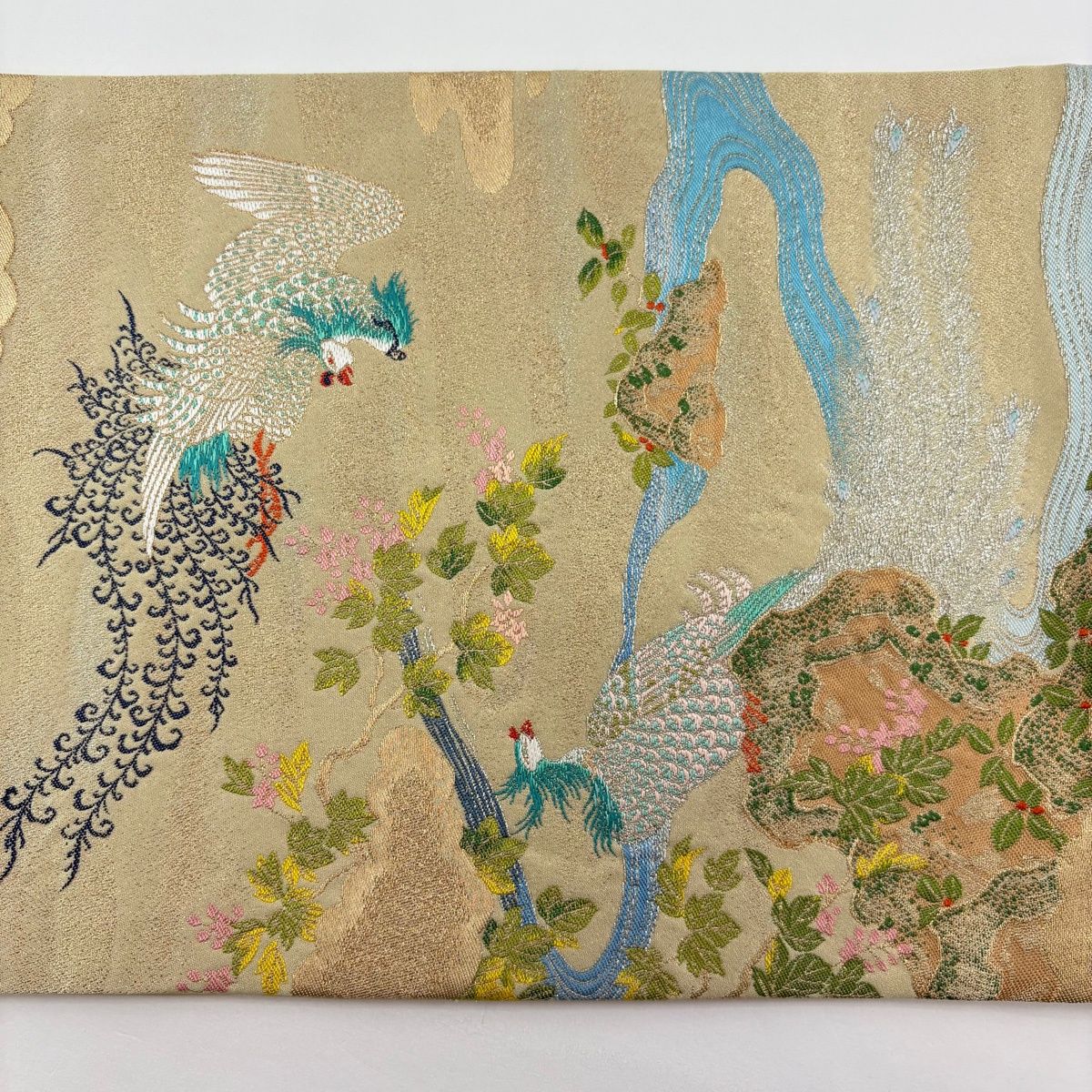 美品】 袋帯 逸品 龍村晋 落款 鳳凰 流水 金糸 箔 ベージュ お太鼓柄