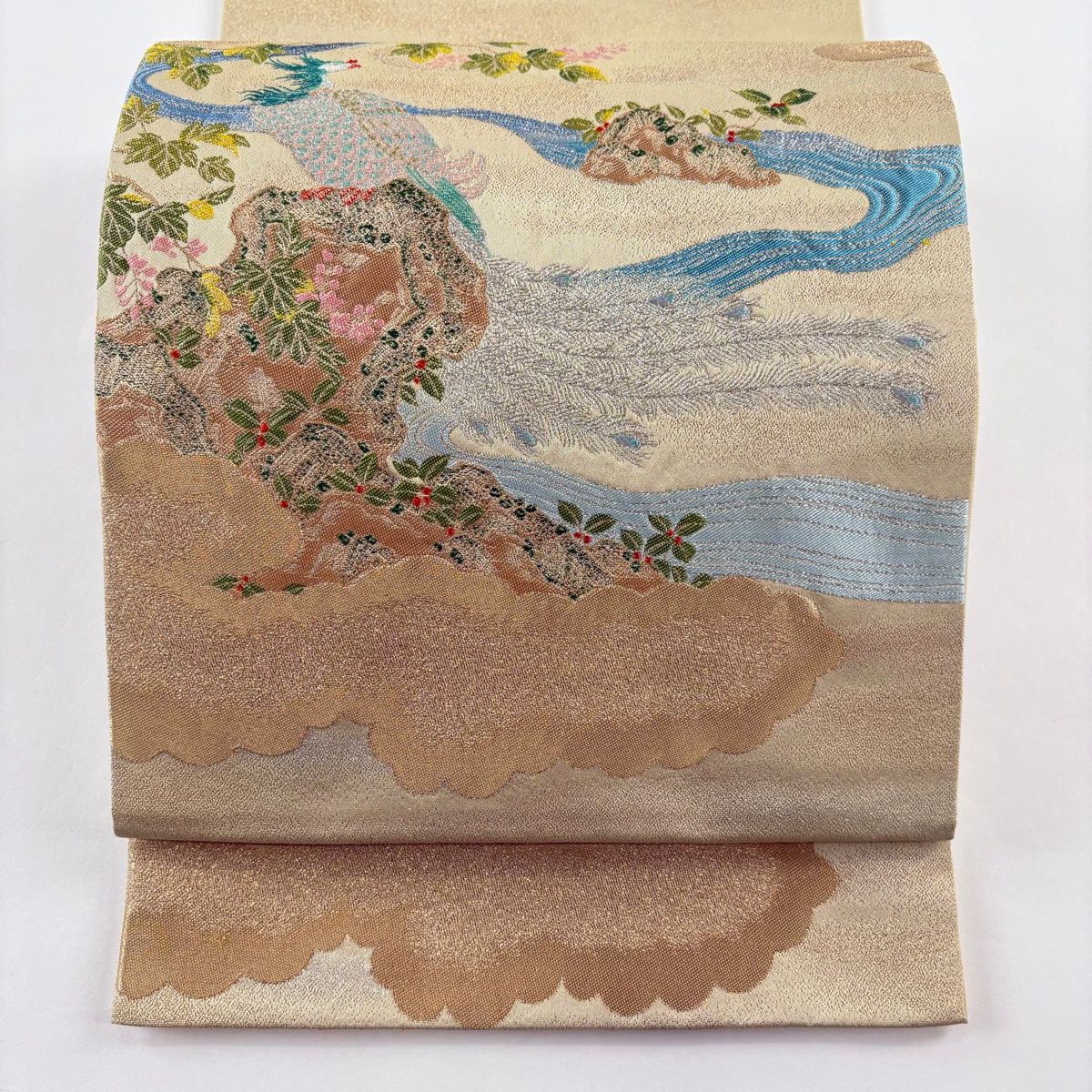 美品】 袋帯 逸品 龍村晋 落款 鳳凰 流水 金糸 箔 ベージュ お太鼓柄