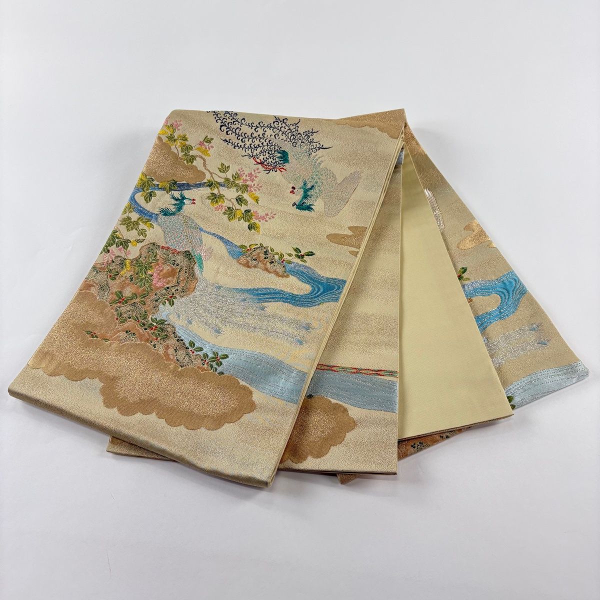 美品】 袋帯 逸品 龍村晋 落款 鳳凰 流水 金糸 箔 ベージュ お太鼓柄