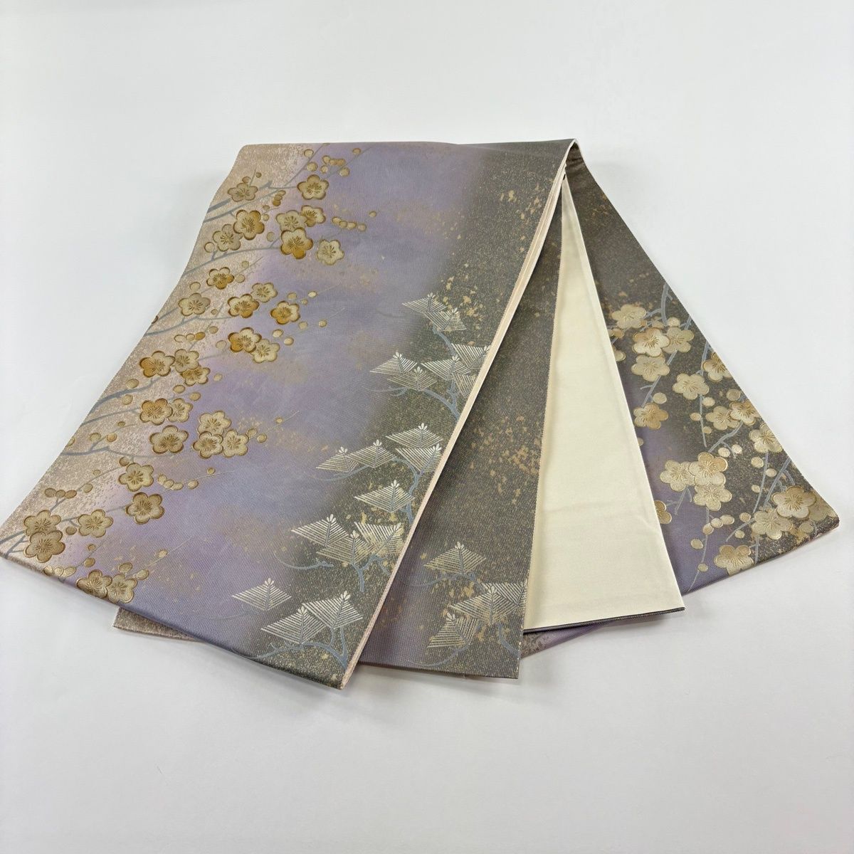 袋帯 逸品 和田光正 落款 梅 若松 金彩 箔 薄紫 お太鼓柄 正絹 【中古