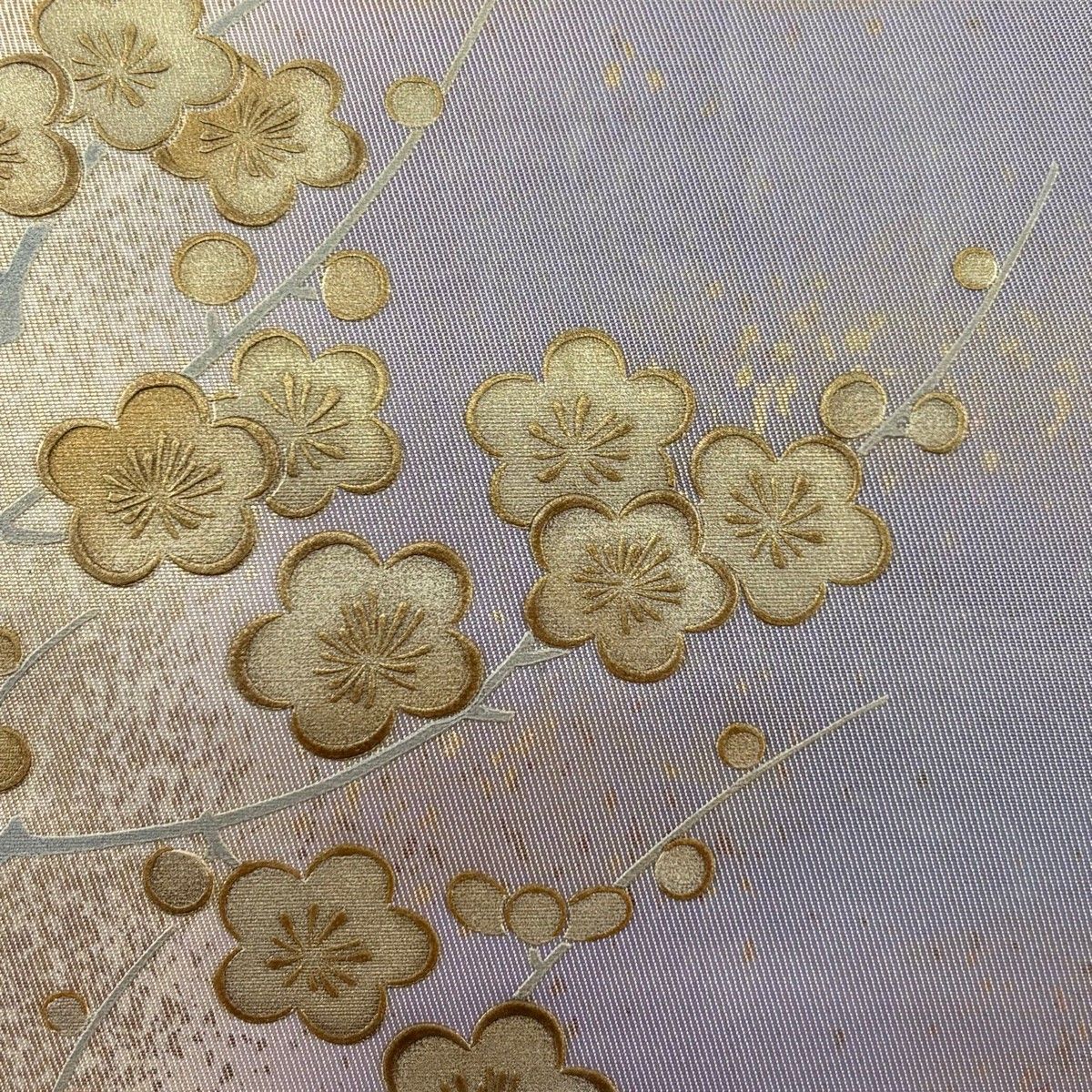 袋帯 逸品 和田光正 落款 梅 若松 金彩 箔 薄紫 お太鼓柄 正絹 【中古