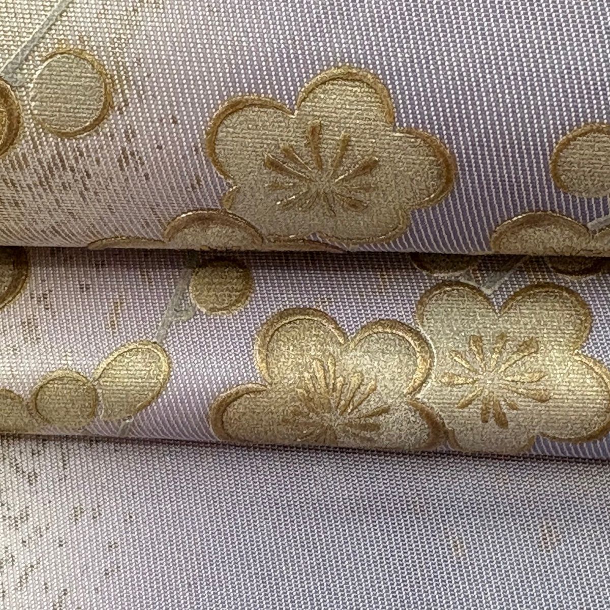 袋帯 逸品 和田光正 落款 梅 若松 金彩 箔 薄紫 お太鼓柄 正絹 【中古