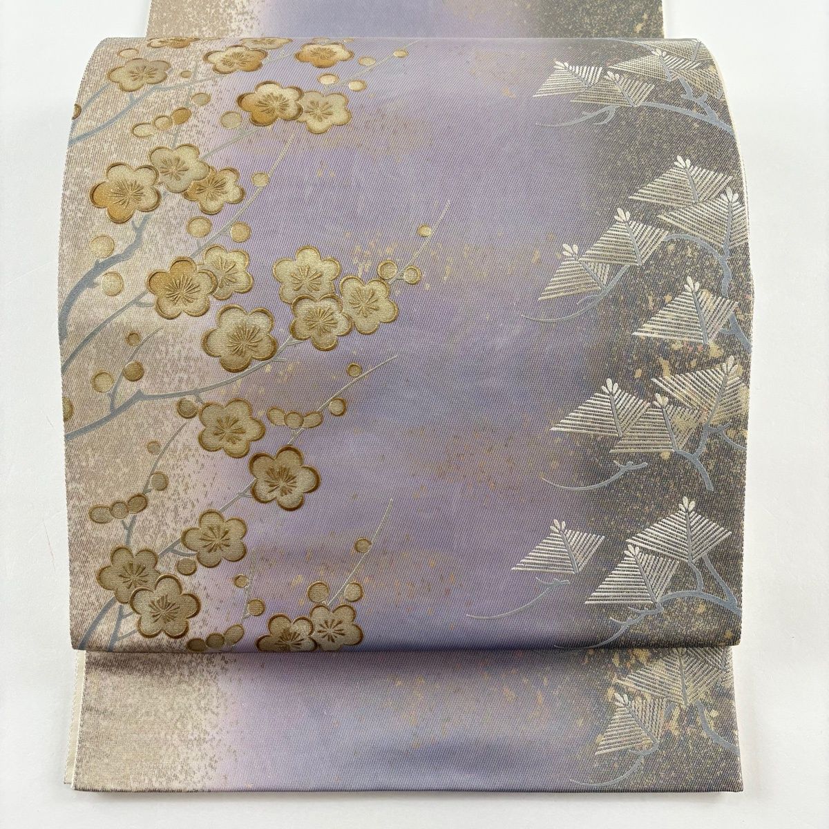 袋帯 逸品 和田光正 落款 梅 若松 金彩 箔 薄紫 お太鼓柄 正絹 【中古
