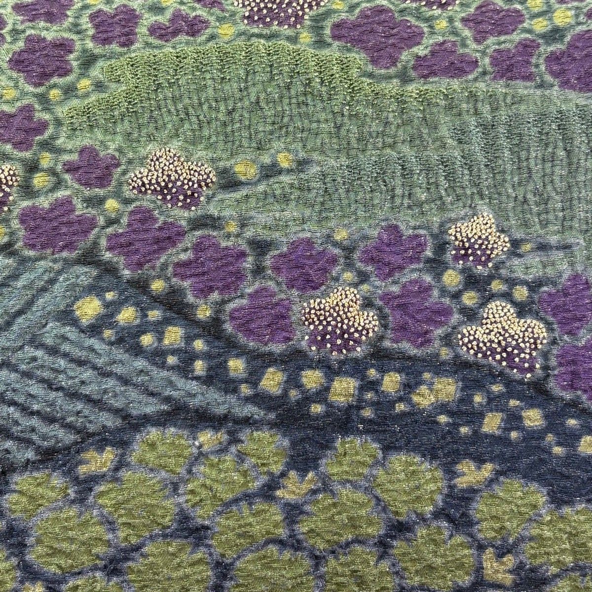 美品】 袋帯 逸品 滝泰 落款 おぼろ染 襲ね絞り 花 波 絞り 銀通し 紫