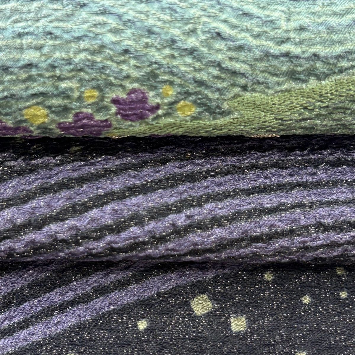 美品】 袋帯 逸品 滝泰 落款 おぼろ染 襲ね絞り 花 波 絞り 銀通し 紫